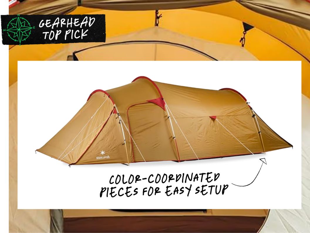 Image of a large brown tunnel-style tent. Text overlay reads: Gearhead top pick, Snow Peak Vault Tent.